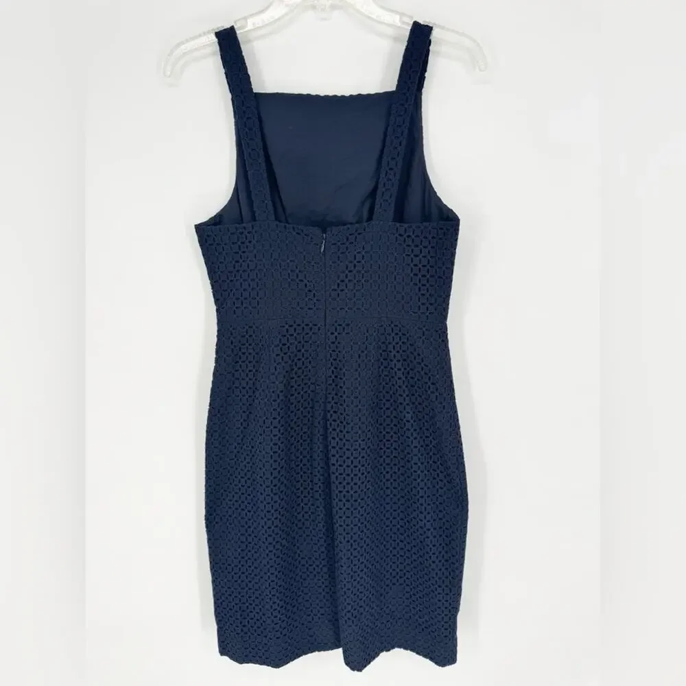 NWT J. Crew Navy Blue Eyelet Apron Midi Sheath Dress Size 2 Office Cocktail Glam